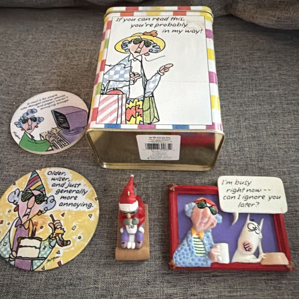 Maxine Hallmark collectibles- tin, button, ornament, and two magnets :).
